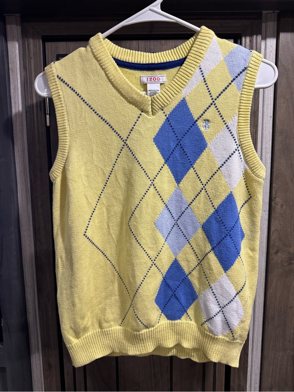 Izod Yellow Argyle V-Neck Sweater Vest with Blue and White Diamonds
